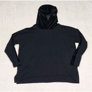Eileen Fisher Hoodie Sz XL Black w Velvet Trim Tunic Sweatshirt Pullover Casual